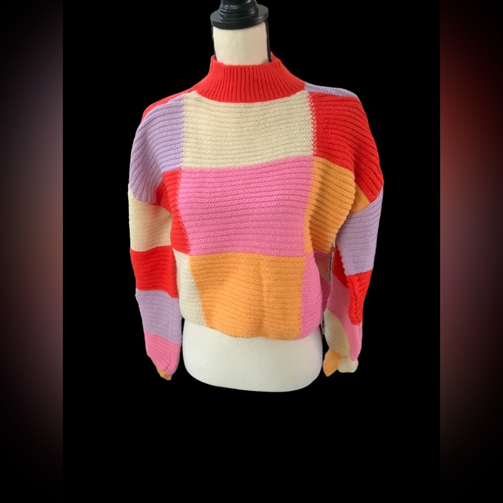Sweater Turtleneck Style Color Block Mock Neck Pullover Y2K Medium